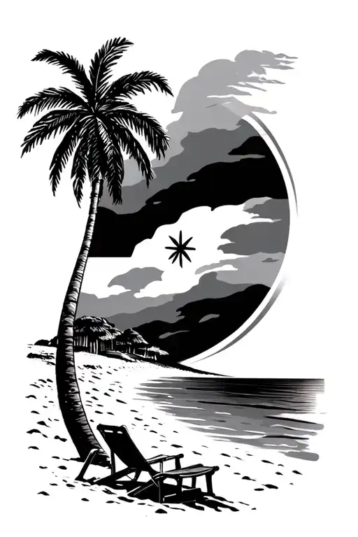 beach with two palm trees, waves and 2 beach chairs on the shore sand is the three colours of the colombia flag tattoo design idea