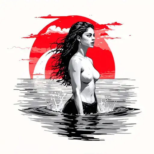 a woman stands in the water, in the style of light beige and red, hustlewave, vacation dadcore, tagging and marking, han tattoo design idea