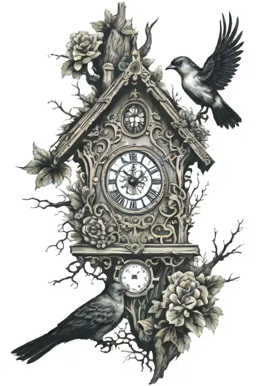 forest with cuckoo clock tattoo design idea