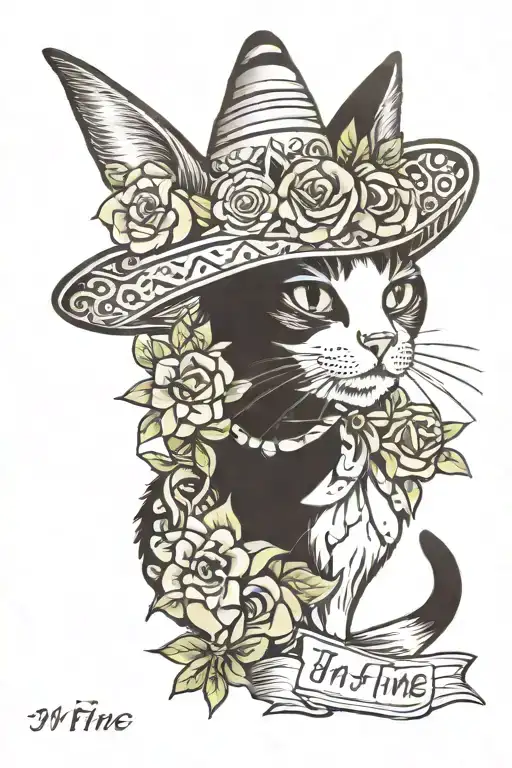 Mexican hat flower, cat, ribbon, words "I'm fine" tattoo design idea