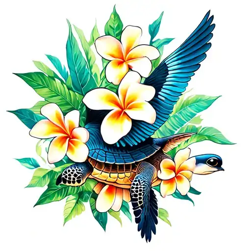 Polynesian turtle tropicbird frangipani flower exotic foliage tattoo design idea