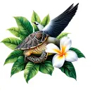 Polynesian turtle tropicbird frangipani flower exotic foliage tattoo design idea