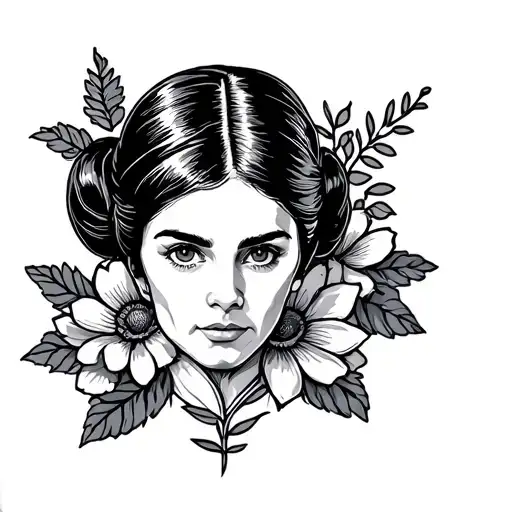 Princess Leia head with flowers blaster outline tattoo design idea