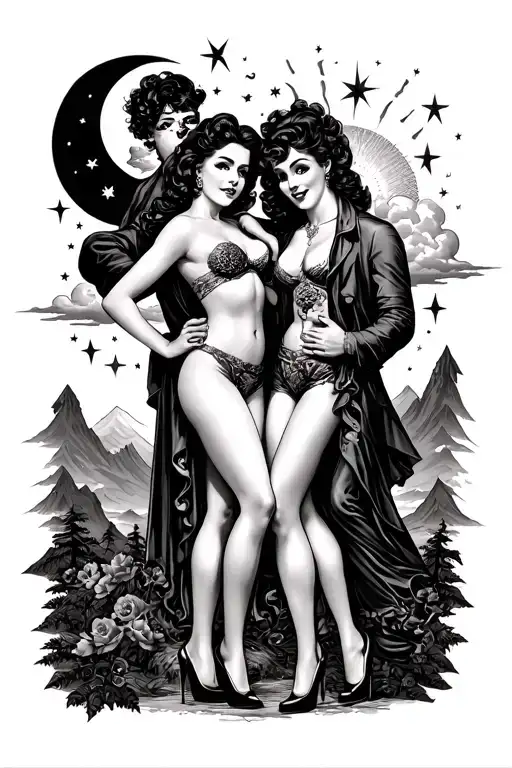 pinup girl dressed, stockings and heels holding two men, surrounded by moon, stars, sun, clouds and mountains tattoo design idea