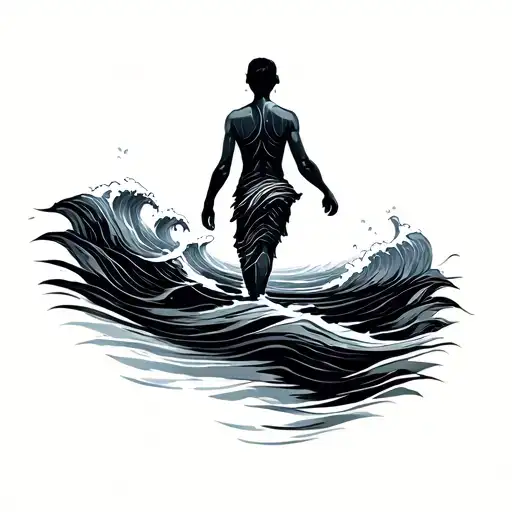 small figure walking across calm waves, abstract flowing lines merging with horizon, symbol of trust and courage tattoo design idea