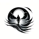 small figure walking across calm waves, abstract flowing lines merging with horizon, symbol of trust and courage tattoo design idea