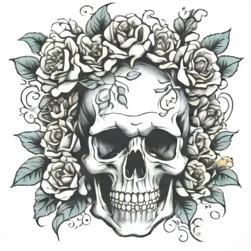 realistic skull with flowers growing tattoo design idea