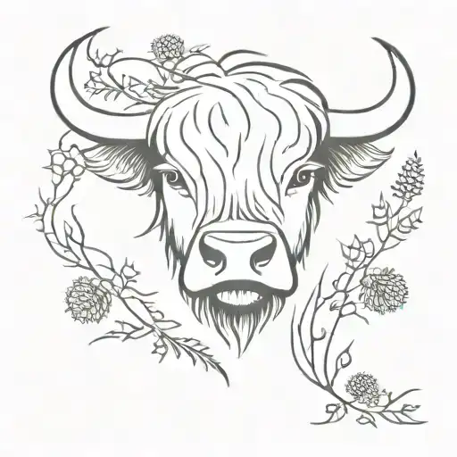 full highland cow body laying down in with thistles around them vertical length  tattoo design idea