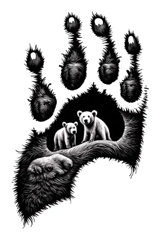 a bear paw print with a mother bear and two cubs inside. One cub is a boy, the other is a girl. tattoo design idea