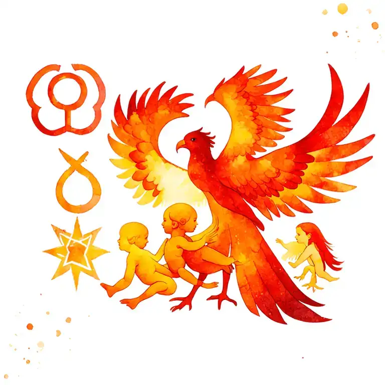 A lifeline, with difficulties, signs that represent pain and the 2 baby angels to end with a phoenix tattoo design idea