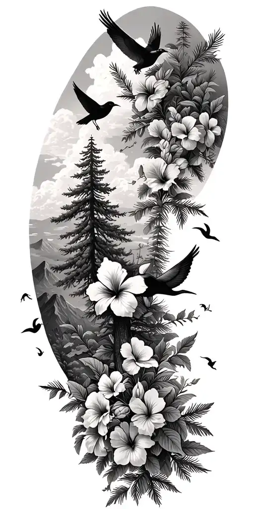pine trees, hibiscus flowers,clouds, doves, crows, mountains, wildflowers tattoo design idea