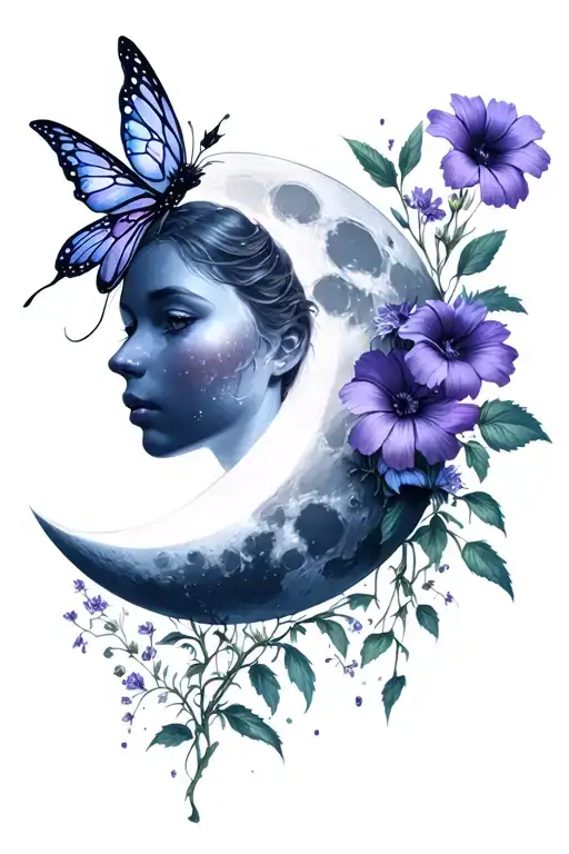 waxing gibbous moon with a fairy and aster and morning glory flowers tattoo design idea