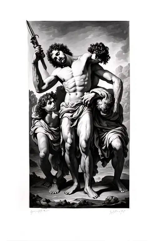 Caravaggio painting of David beheading Goliath with a square border tattoo design idea