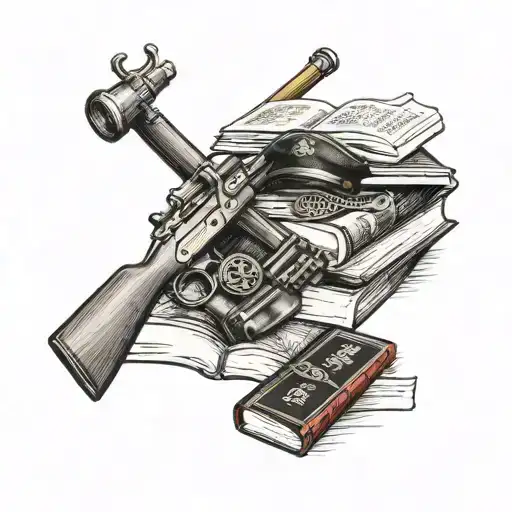 A Marine Corps emblem with a stack of classic books and a hunting rifle, blending the client's occupation and interests in history and shooting tattoo design idea