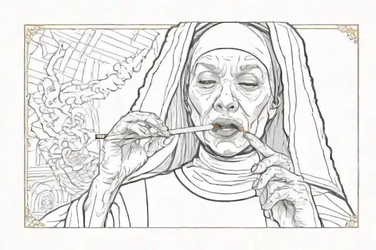 nun smoking a cigarette in her teeth tattoo design idea