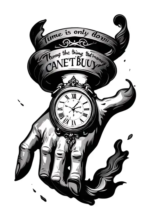timepiece on wrist with small letters saying “ time is the only thing that money can’t buy with design down hand tattoo design idea