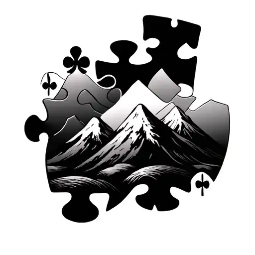 Forearm sleeve tattoo including the following themes: jigsaw puzzles, japanese style, mountains, playing cards, powerlif tattoo design idea
