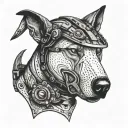 An angry, growling face of an English Bull Terrier in a tactical helmet against the background of a cartridge case and cartridges tattoo design idea