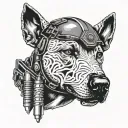 An angry, growling face of an English Bull Terrier in a tactical helmet against the background of a cartridge case and cartridges tattoo design idea