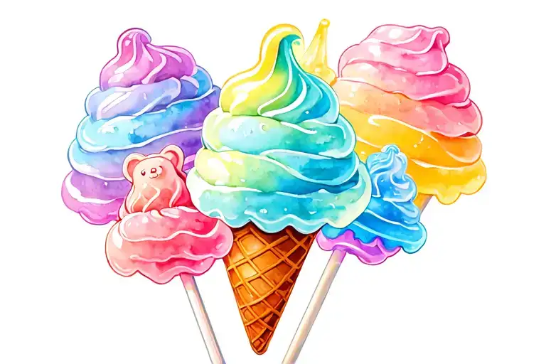 gummy bears, ice cream cone, cotton candy, lollipops all bright pastel colors tattoo design idea