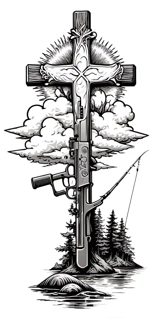 Christian Cross with clouds, forest scene, river flowing, AR-15, Abby, Dylan, fishing,  tattoo design idea