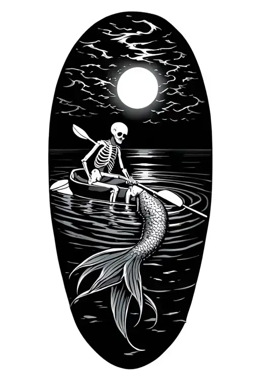 A kayaker navigating through a maze of rivers and lakes, with a skeleton mermaid swimming beneath the surface tattoo design idea