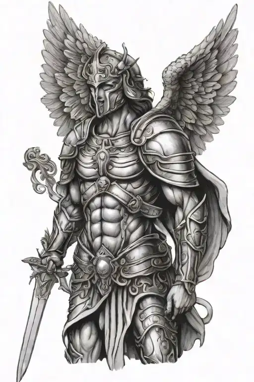 Archangel Michael in a mask with a sword and a mask on his shoulder tattoo design idea