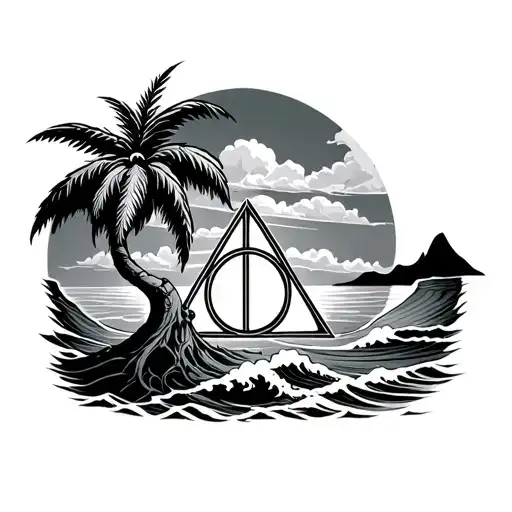 deathly hallows with palm tree and ocean wave tattoo design idea