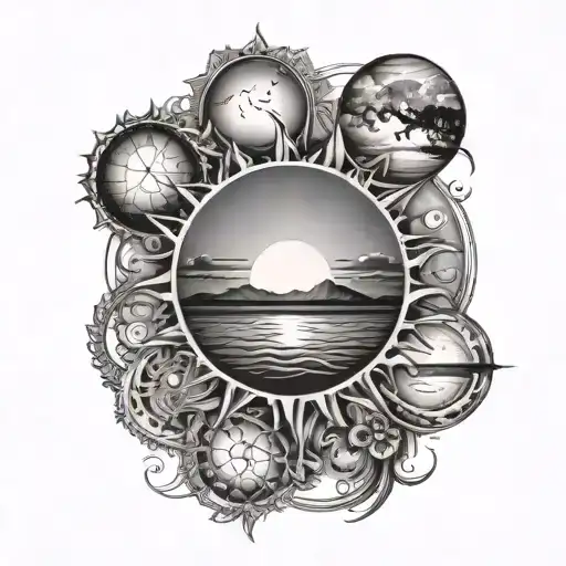 Here are a few options:1.  "I'd like a tattoo of a sunrise, full sun, and sunset combined."2.  "I'm looking for a tat tattoo design idea