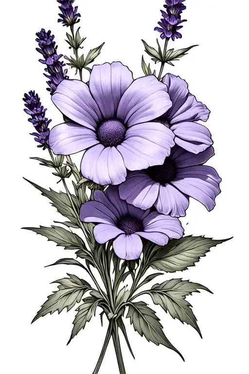 Daisy, violet, morning glory, lavender, wild flowers tattoo design idea