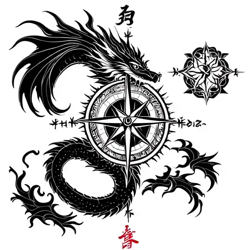 Dragon compass rose intertwined tattoo design idea