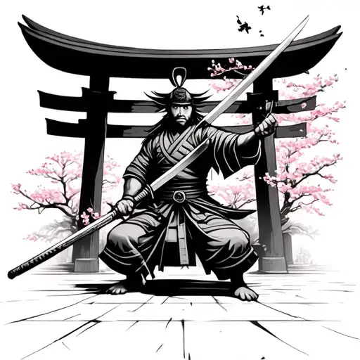 samurai ready to draw sword in outdoor dojo with a tori gate and cherry blossoms everywhere tattoo design idea