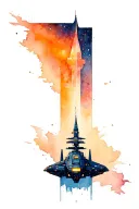 A tall narrow rectangular space scene with a homeworld style ship in the foreground that extends beyond the edge of the  tattoo design idea