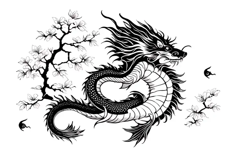 Chinese dragon with cherry blossom tree water and koi fish tattoo design idea