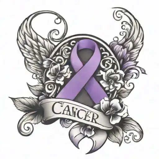 purple cancer ribbon with what the mind forgets the heart will always remember and flowers around  tattoo design idea