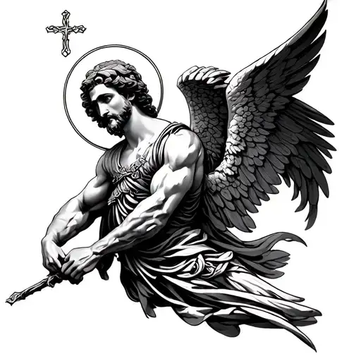 "Byzantine Saint Michael, full-body, in strict black linework. Head faces elbow with a stoic expression, halo with cross tattoo design idea
