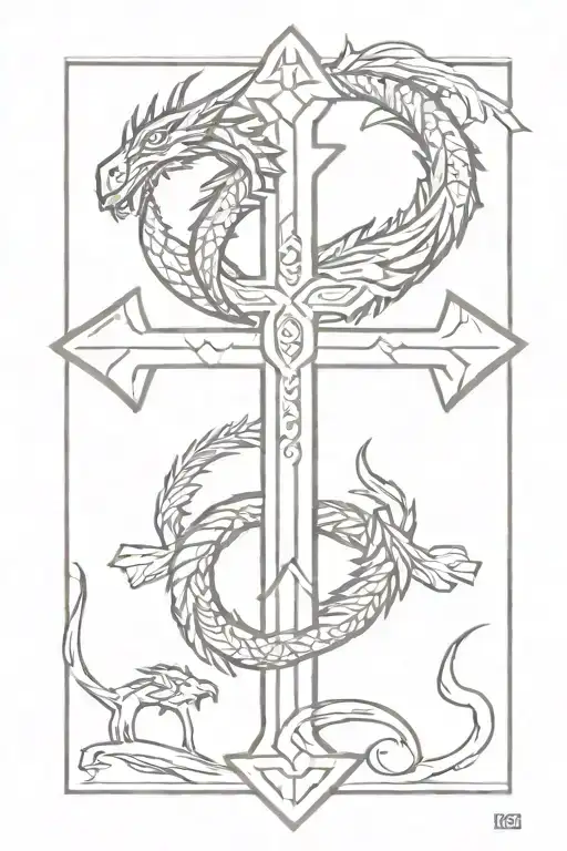 small cross with Aztec dragon wrapped tattoo design idea