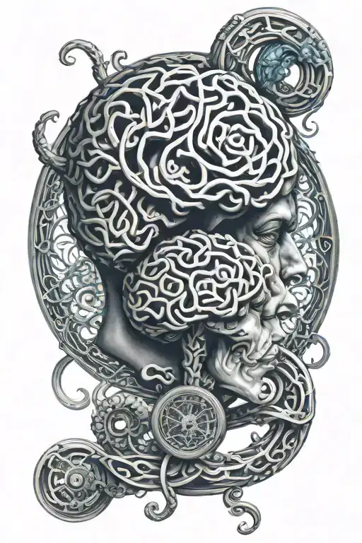 filigree double helix intertwined with brain and feeling tattoo design idea