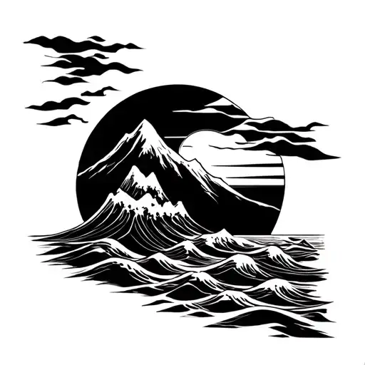 sun shining , waves, mountains across tattoo design idea