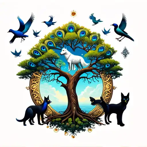 ourborus with a tree of life inside it with a white wolf, peacock, fox, black cat, starling, and dragon around the tree tattoo design idea