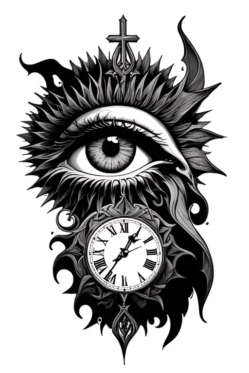 All seeing eye clock sun 777 roman numerals and cross tattoo design idea