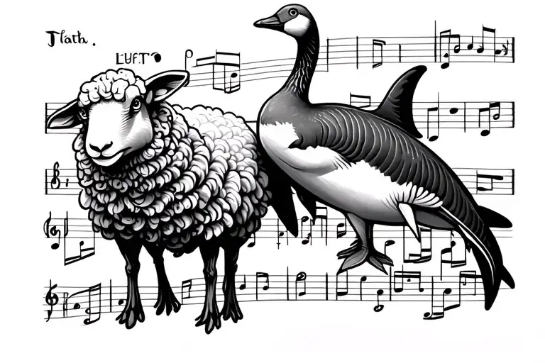 2 sheep, one shark, one goose on a musical stave flowing tattoo design idea