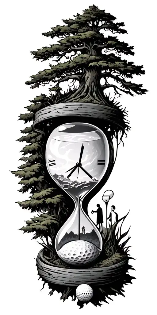 golf hole and trees and hour glass and family tattoo design idea
