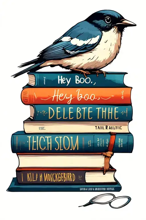 A stack of five  books  inspired by 'To Kill a Mockingbird' include the words Hey Boo, delete the adjectives tattoo design idea