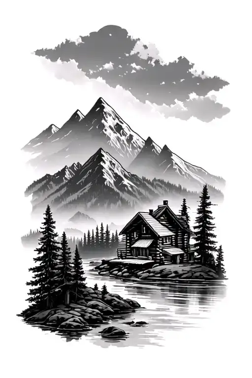 mountain with river trees log cabin half sleeve tattoo design idea