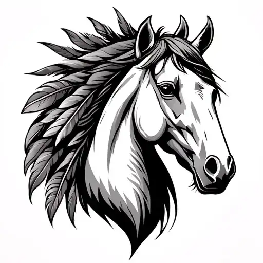 horses head with eagle feathers for mane showcasing strength tattoo design idea