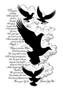 tatoo with 2 doves in the sky above a bible verse with soft clouds between words.  1 dove below verse. tattoo design idea