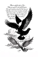 tatoo with 2 doves in the sky above a bible verse with soft clouds between words.  1 dove below verse. tattoo design idea