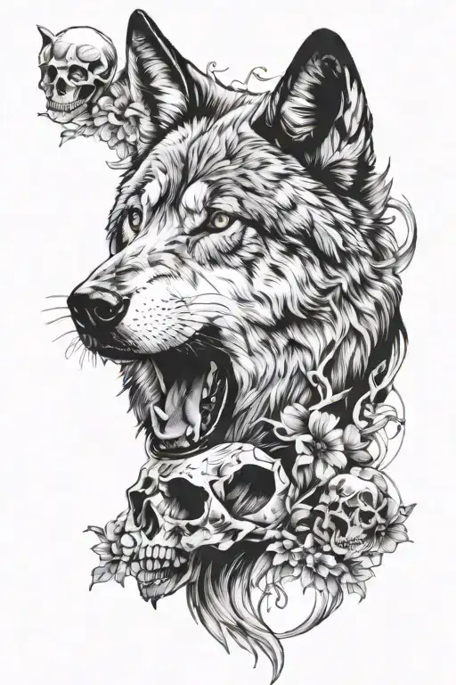 wolf silhouette with suger skull tattoo design idea