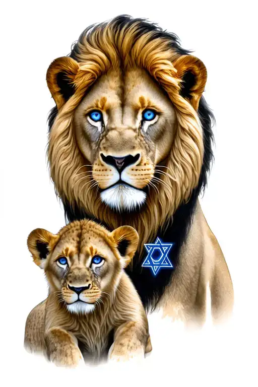 lion and his cub with blue eyes and to have a star of david blended in as well as a moral compass pointing north tattoo design idea